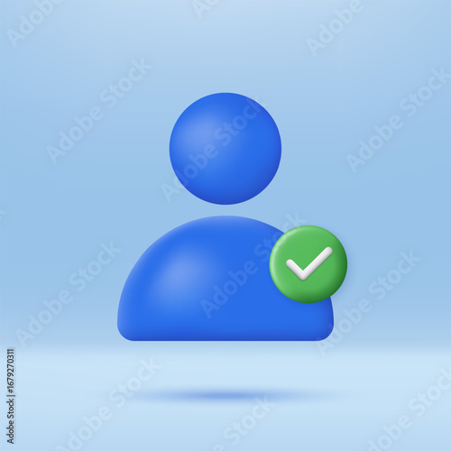 User profile icon with green check mark representing verified accounts icon. User login web security protection and verified symbol. Minimalist cartoon icon. Trendy and modern vector in 3d style.