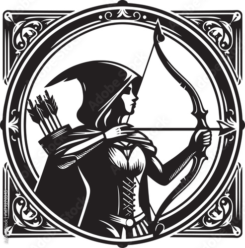 Intricate Black and White Illustration of an Archer with Bow and Arrow in a Circular Frame