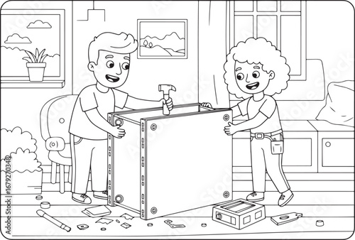 Line art illustration of a couple assembling furniture together