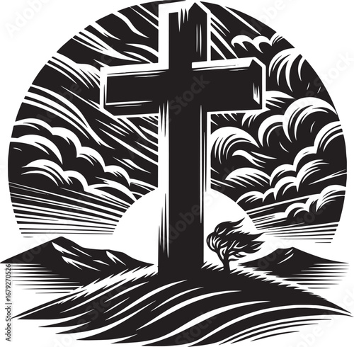 An artistic black and white depiction of a Christian cross silhouette against a landscape