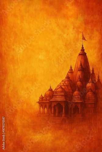 Colorful background with abstract temple in Indian style.