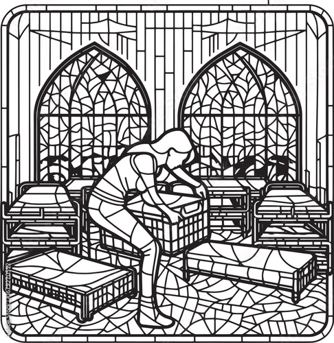 Artwork depicting a person interacting with objects inside a building with stained glass windows
