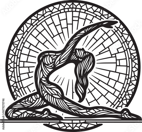 Black and white yoga pose illustration in a stained glass style for meditation and wellness