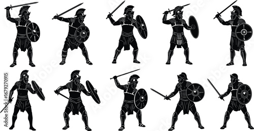 Ancient Roman warriors with swords and shields in battle poses, silhouette style illustration of gladiators, soldiers, and fighters