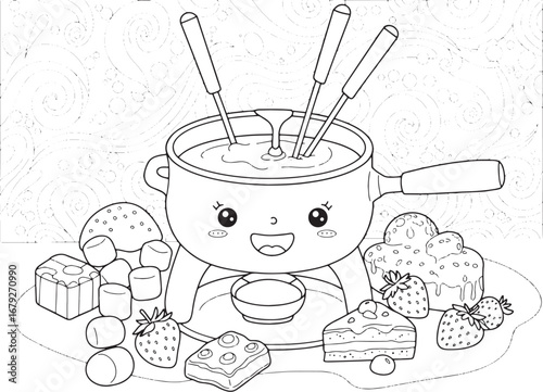 Delightful chocolate fondue scene with kawaii design, perfect fo