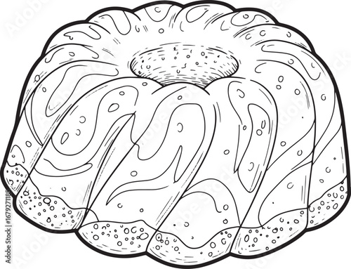 Elegant bundt cake illustration, black and white line art desser