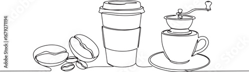 Minimalist continuous line drawing showcasing coffee preparation