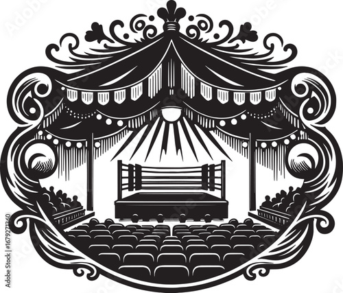 Vintage Boxing Ring Illustration Inside Ornate Frame Depicting Arena and Spectators