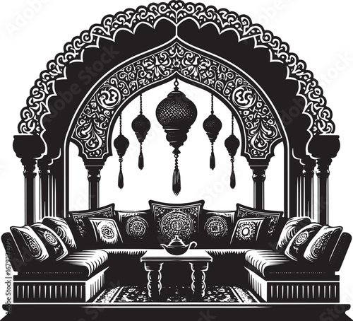 Black and White Illustration of a Triceratops Dinosaur Inside a Decorative Circular Frame
