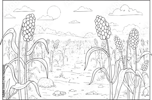Detailed Outline Illustration of a Vast Millet Field under a Sun
