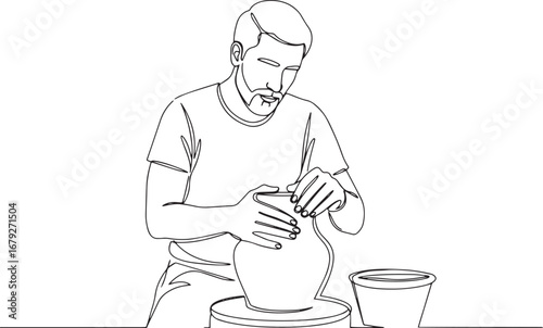 Single line drawing of a man shaping clay into a pot on a potter
