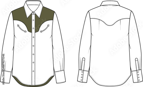 Men’s western shirt flat sketch, technical fashion illustration, front and back views, button-down shirt design template for apparel production and garment specification