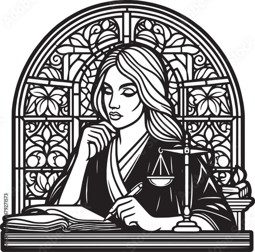 Illustration of a Lady Justice with a Scale and Book in a Stained Glass Window