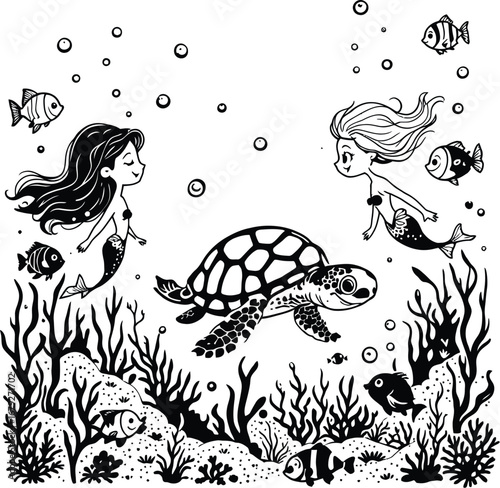 Two mermaids swimming with a turtle and fish in an underwater scene with seaweed and bubbles around them