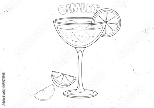 Elegant gimlet cocktail line art illustration with citrus garnis