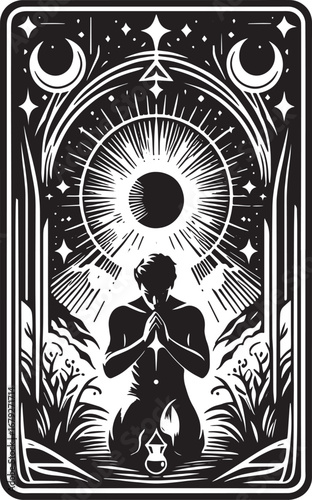 Mystical Black and White Illustration of a Person Praying with Celestial and Nature Elements