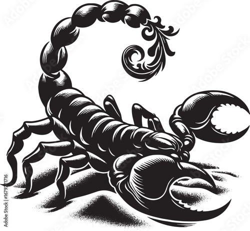 Detailed Black and White Illustration of a Scorpion with Decorative Floral Elements and Texture