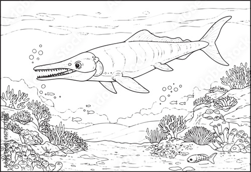 Black and White Illustration of a Plesiosaur Swimming in the Und