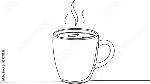 Single line drawing of steaming hot chocolate or coffee in a mug