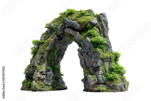 A sculpted rock arch, covered in moss, creates a natural aquarium or terrarium feature