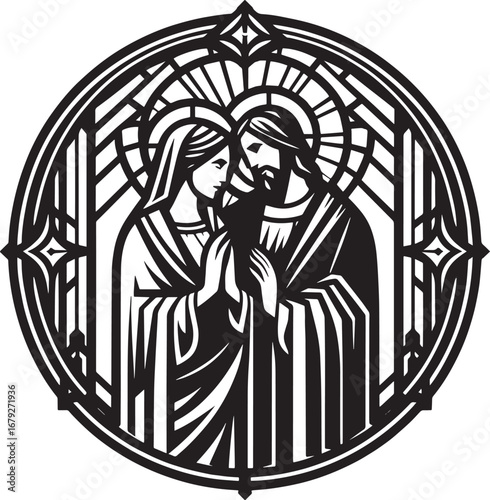 Intricate Black and White Depiction of Jesus and Mary in a Stained Glass Style