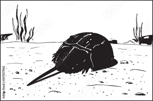 Illustrative depiction of a horseshoe crab resting on the sandy