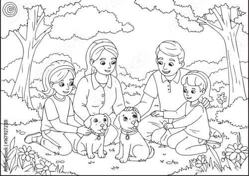 Cheerful family bonding with their playful puppies in a whimsica