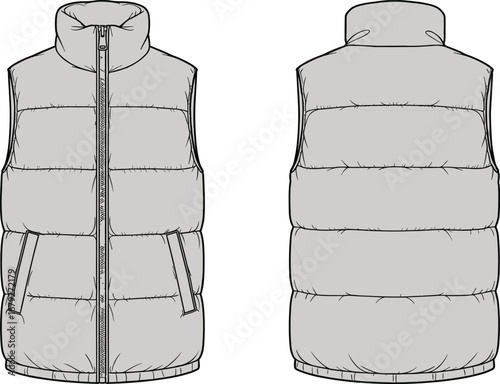 Puffer vest technical flat sketch, front and back view fashion design template, padded outerwear vector for clothing manufacturing and garment presentation