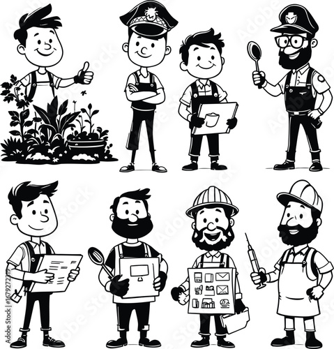 A black and white cartoon illustration of various professions in a simple line drawing style