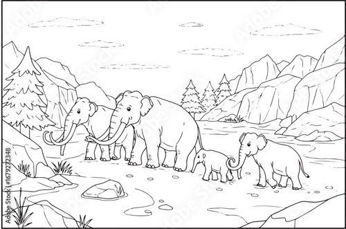 Majestic mastodon family in serene landscape coloring book illus