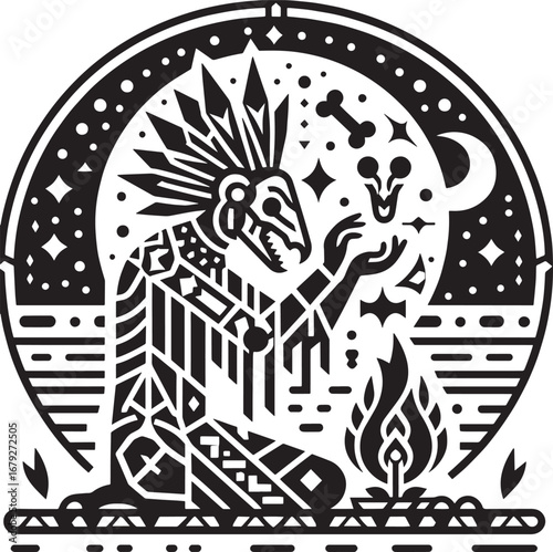 Intricate black and white illustration of a stylized Native American shaman with mystical elements