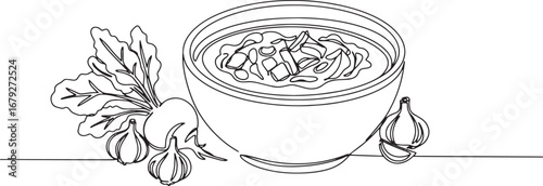 Elegant single line drawing of traditional ukrainian borscht wit