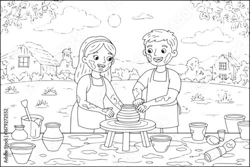 Engaging monochrome illustration of a couple shaping pottery out