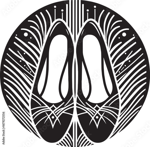 Elegant Black and White Illustration of Ballet Shoes in a Decorative Circular Design