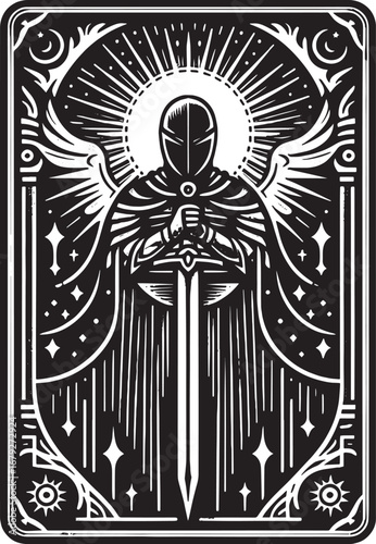 Intricate Black and White Illustration of a Knight Holding a Sword with Angelic Wings