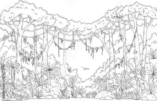 Intricate Rainforest Canopy Line Art Illustration with Hanging V