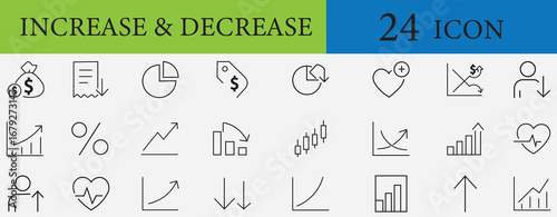 24 line icons for increase and decrease. Perfect for growth, trend, chart, graph, profit, loss, market, stock, finance, economy, business analytics