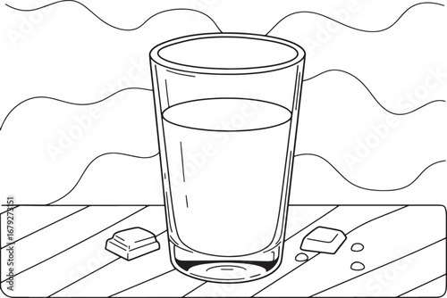Monochrome illustration of chocolate milk in a glass with chocol