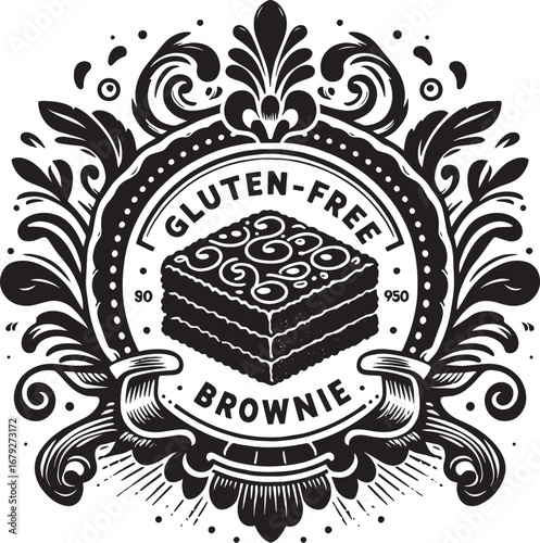 Elegant Gluten-Free Brownie Logo Design Featuring Ornate Flourishes and Decorative Elements