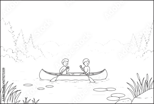 Line art illustration of couple canoeing on a tranquil lake in a