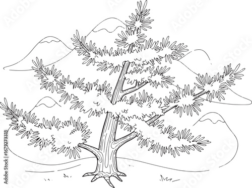 Simple Line Drawing of a Larch Tree with Mountain Backdrop Illus
