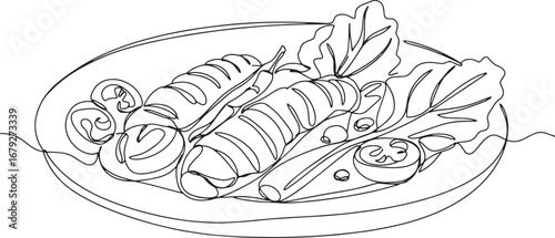 Minimalist line art illustration displaying a plate of fresh, he