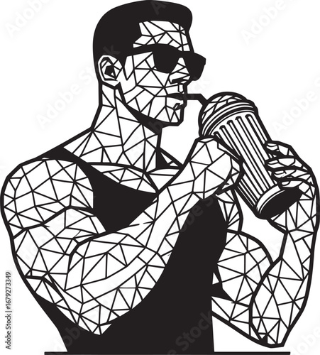 Geometric Illustration of a Muscular Man Drinking from a Cup with Sunglasses, Black and White