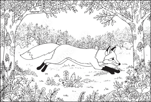 Detailed coloring page of a fox darting through an enchanted for