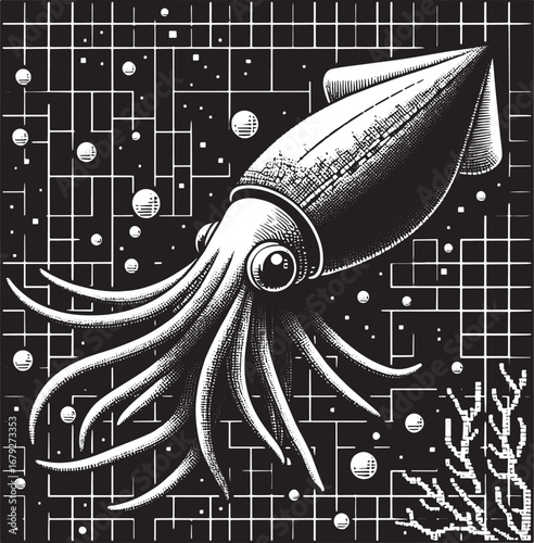 Intricate Black and White Illustration of a Squid with Tentacles in a Grid-like Background