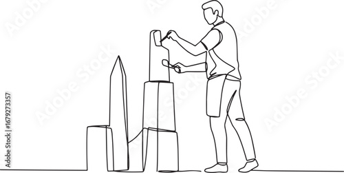 Continuous line drawing of a man sculpting a building tower, a m
