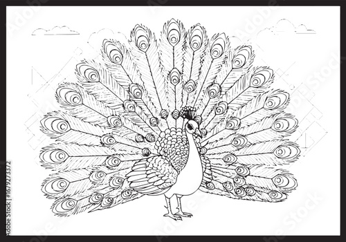 Detailed outline drawing of a beautiful peacock with spread feat