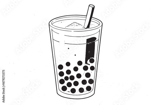 Illustration of refreshing matcha bubble tea with tapioca pearls