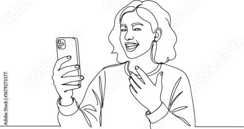 Continuous line drawing of a woman on a video call with her smar