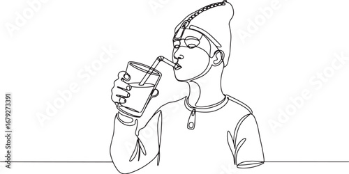 Minimalist line art depicting a person drinking beverage with a